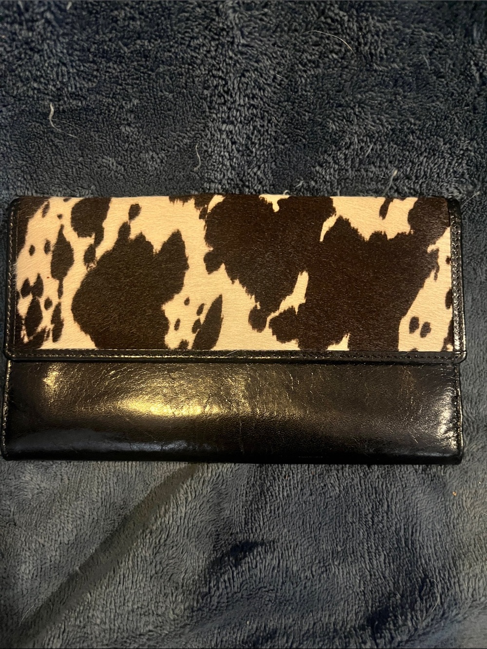 Unisa Hair on hide cow print top with Black Leather bottom envelope wallet